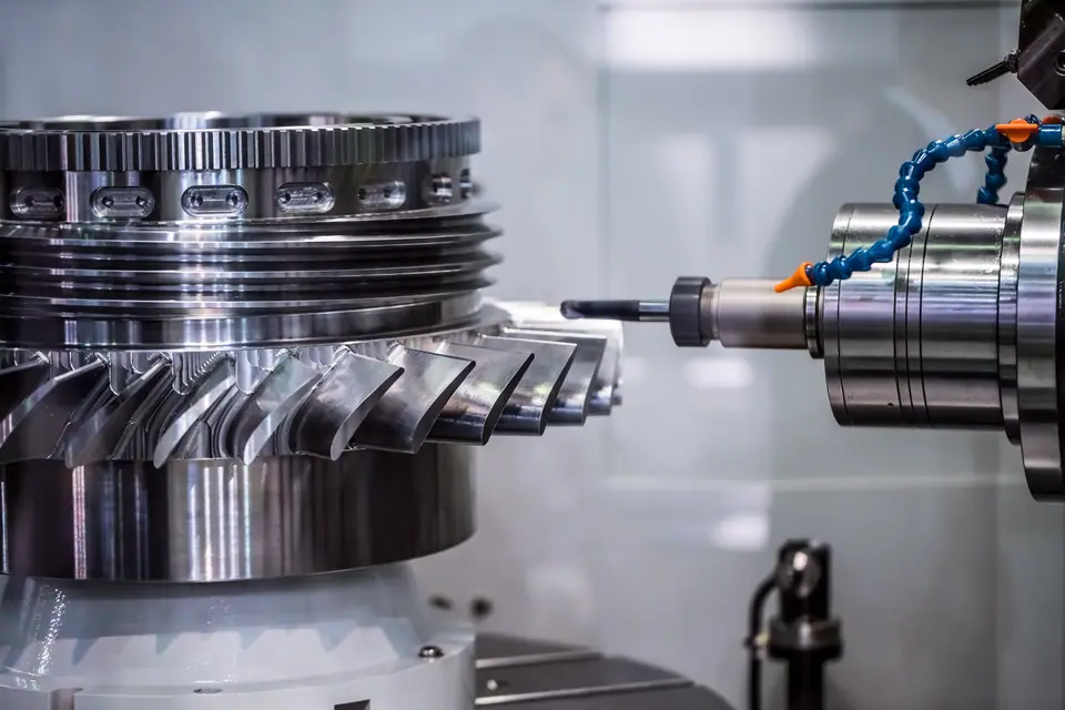 Close-up of a CNC machine milling a metal gear
