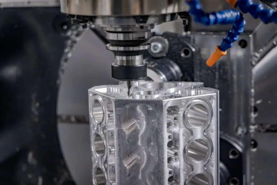 Vertical machining centre milling an aluminium block